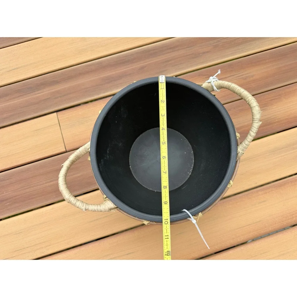 Woven Rattan Basket‎ Planter with Handles and Removable Liner Brown Tan Round
